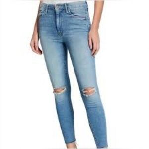 MOTHER High Waisted Looker Ankle Fray Blue Jeans in Thrilling Shots